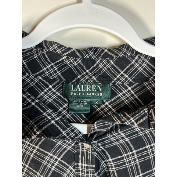 LRL Ralph Lauren Blouse 1X Black White Plaid Bell Cuff Long Sleeve Flared Top - Picture 3 of 9